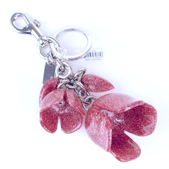NWT Coach Pink Glitter Resin Flower w/Silver Hardware Keychain - Picture 1 of 3